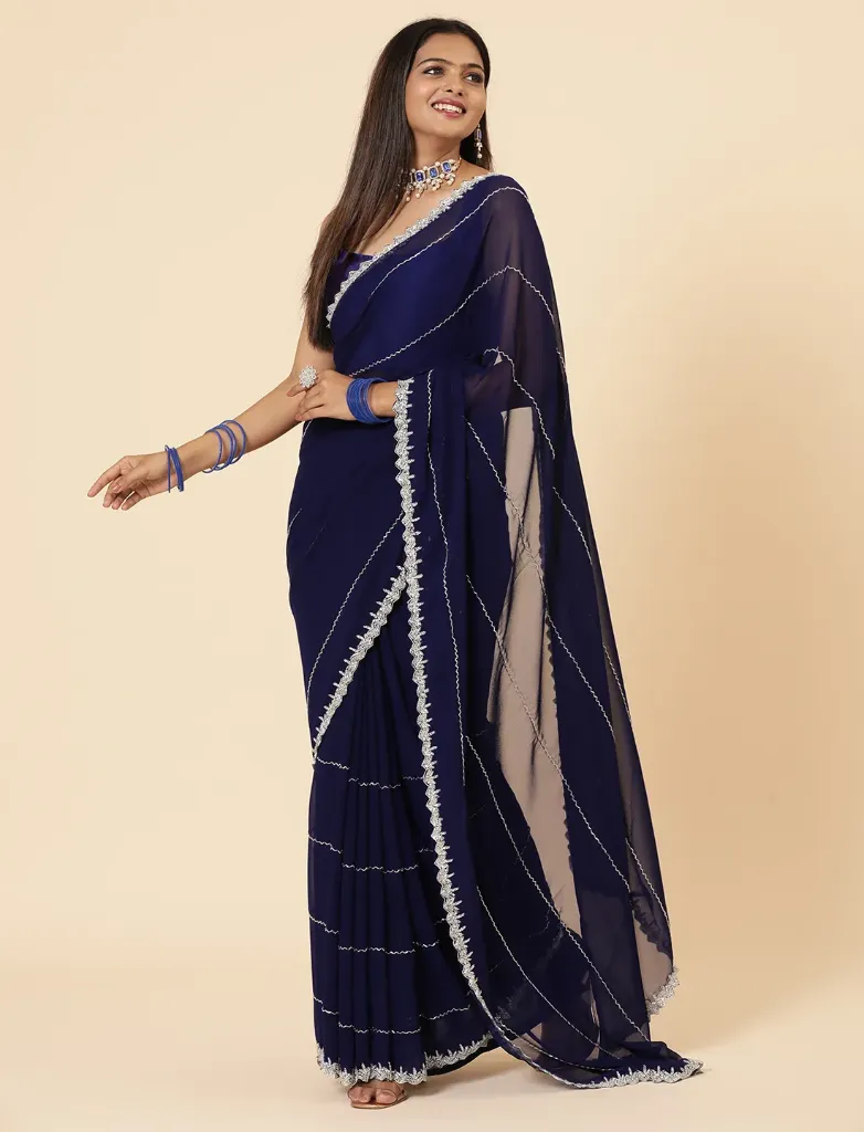 [VC26-AIRA-D15-02] Vervee Couture Navy Blue Georgette Saree | Aira