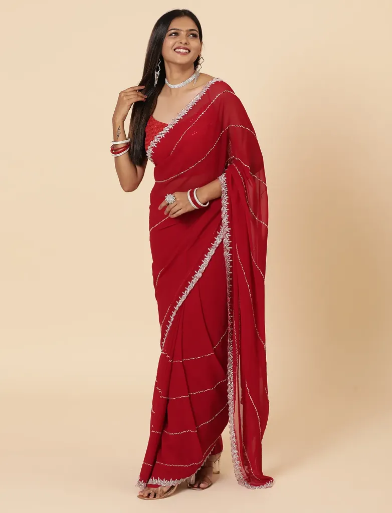 [VC26-AIRA-D15-02] Vervee Couture Barn Red Georgette Saree | Aira