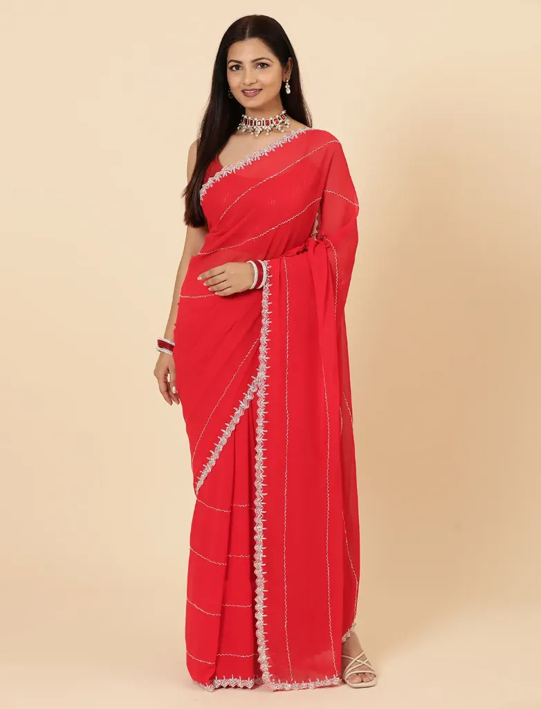 [VC26-AIRA-D15-01] Vervee Couture Light Red Georgette Saree | Aira