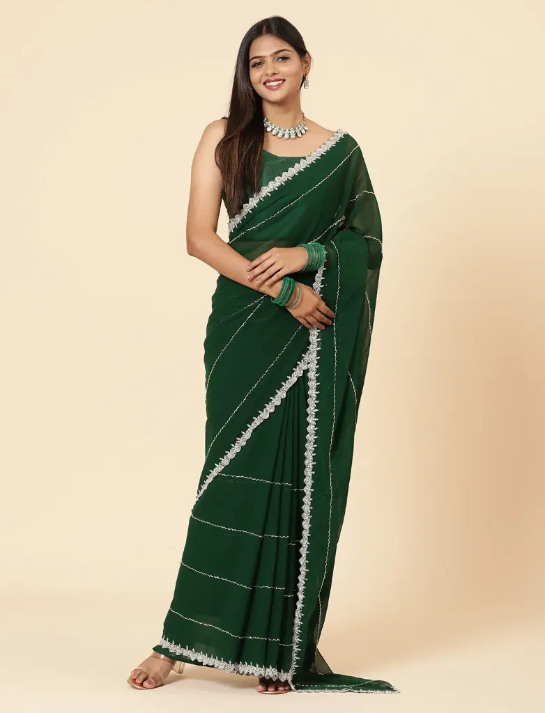 [VC26-AIRA-D15-06] Vervee Couture Dark Green Georgette Saree | Aira