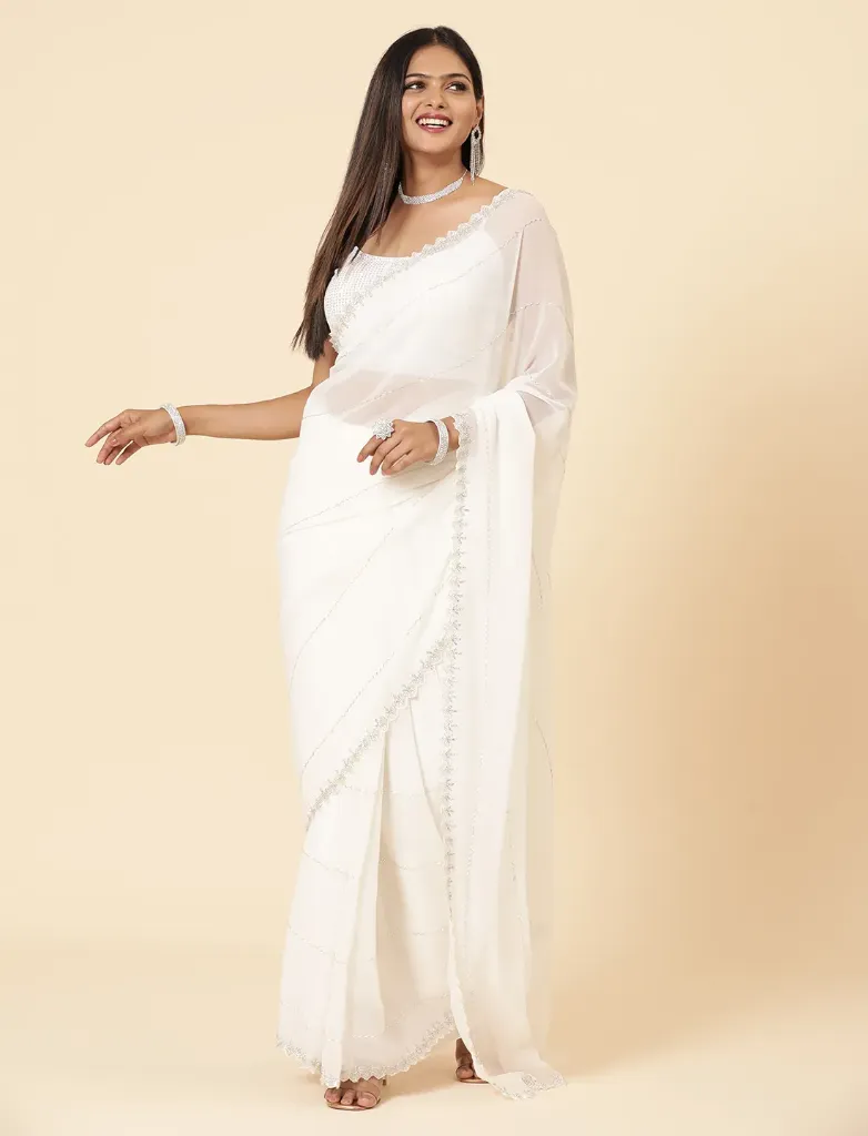 [VC26-AIRA-D15-06] Vervee Couture White Georgette Saree | Aira