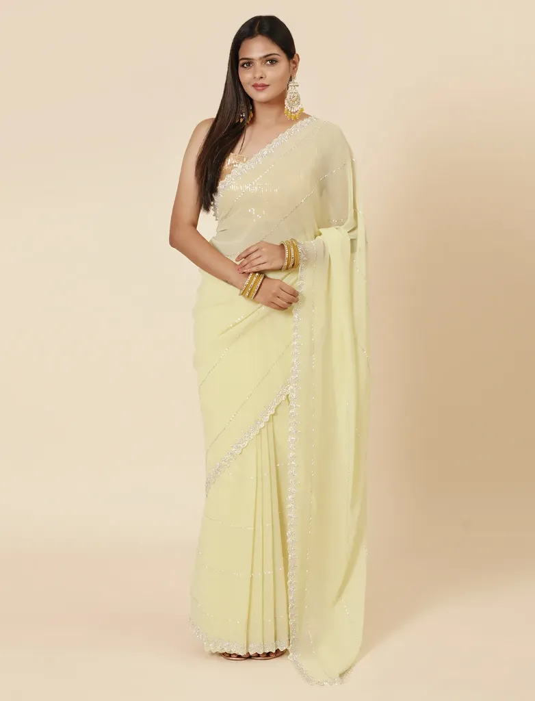 [VC26-AIRA-D15-03] Vervee Couture Pastel Yellow Georgette Saree | Aira