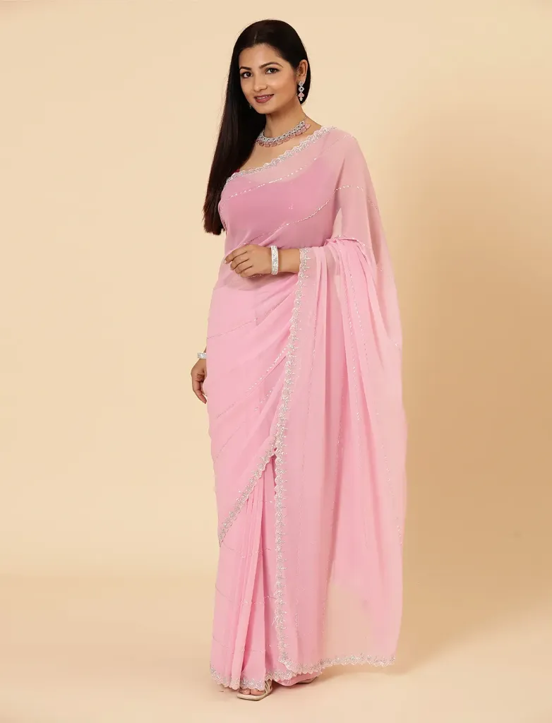 Vervee Couture Pastel Pink Georgette Saree | Aira