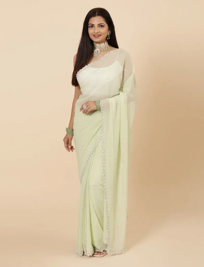 [VC26-AIRA-D15-04] Vervee Couture Pastel Green Georgette Saree | Aira