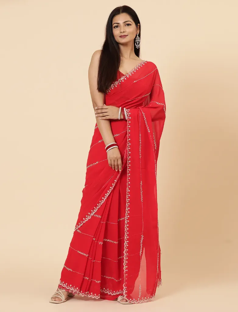 [VC26-SANSA-D17-01] Vervee Couture Red Georgette Saree | Sansa