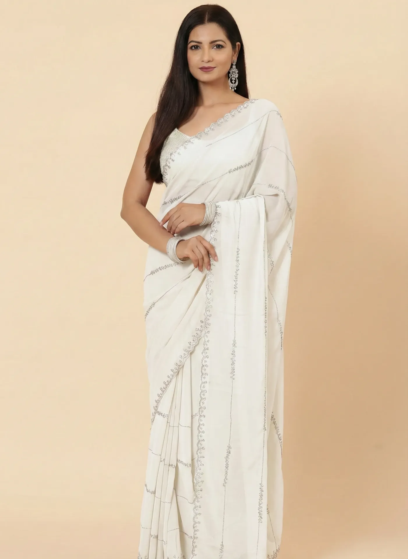 [VC26-SANSA-D17-02] Vervee Couture White Georgette Saree | Sansa