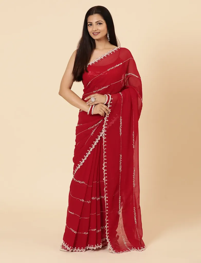 Vervee Couture Deep Barn Red Georgette Saree | Sansa