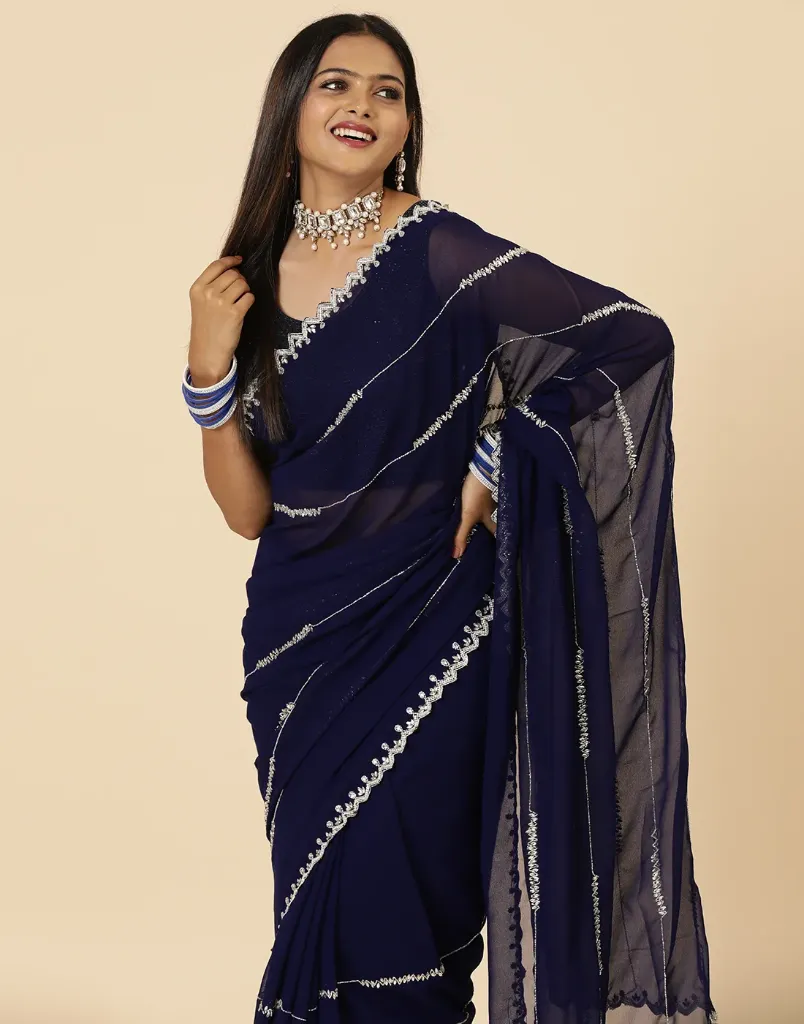 [VC26-SANSA-D17-04] Vervee Couture Navy Blue Georgette Saree | Sansa