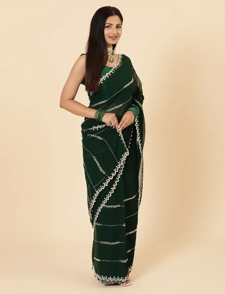 [VC26-SANSA-D17-05] Vervee Couture Dark Green Georgette Saree | Sansa