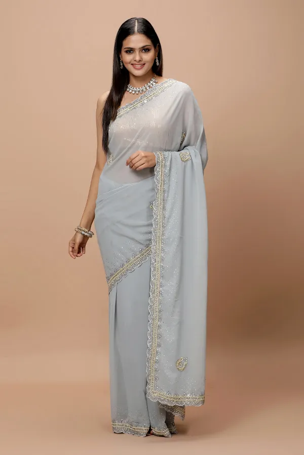 [VC26-MOR-D02-02] Vervee Couture Grey Georgette Saree | Mor